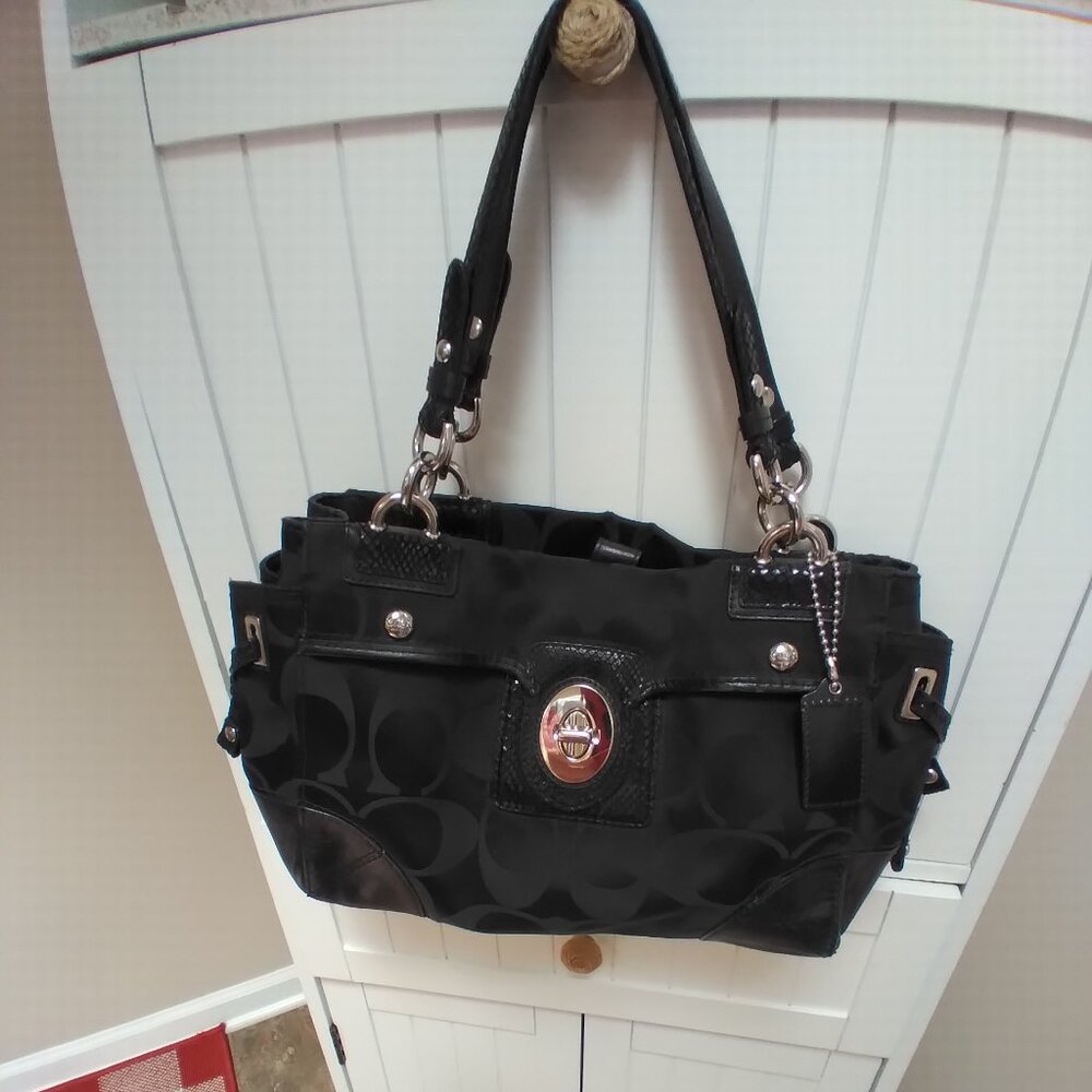 Black Canvas Coach Purse with Leather Trim